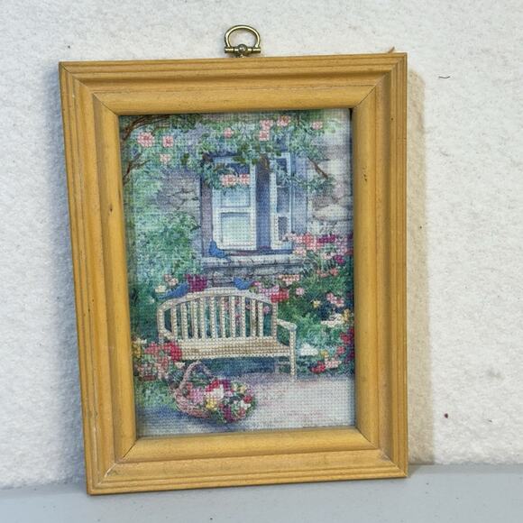 Hand Stitched Cross Stitch Garden Retreat Bench in Rose Garden Artwork 8.5 X 6.5 - Picture 2 of 5